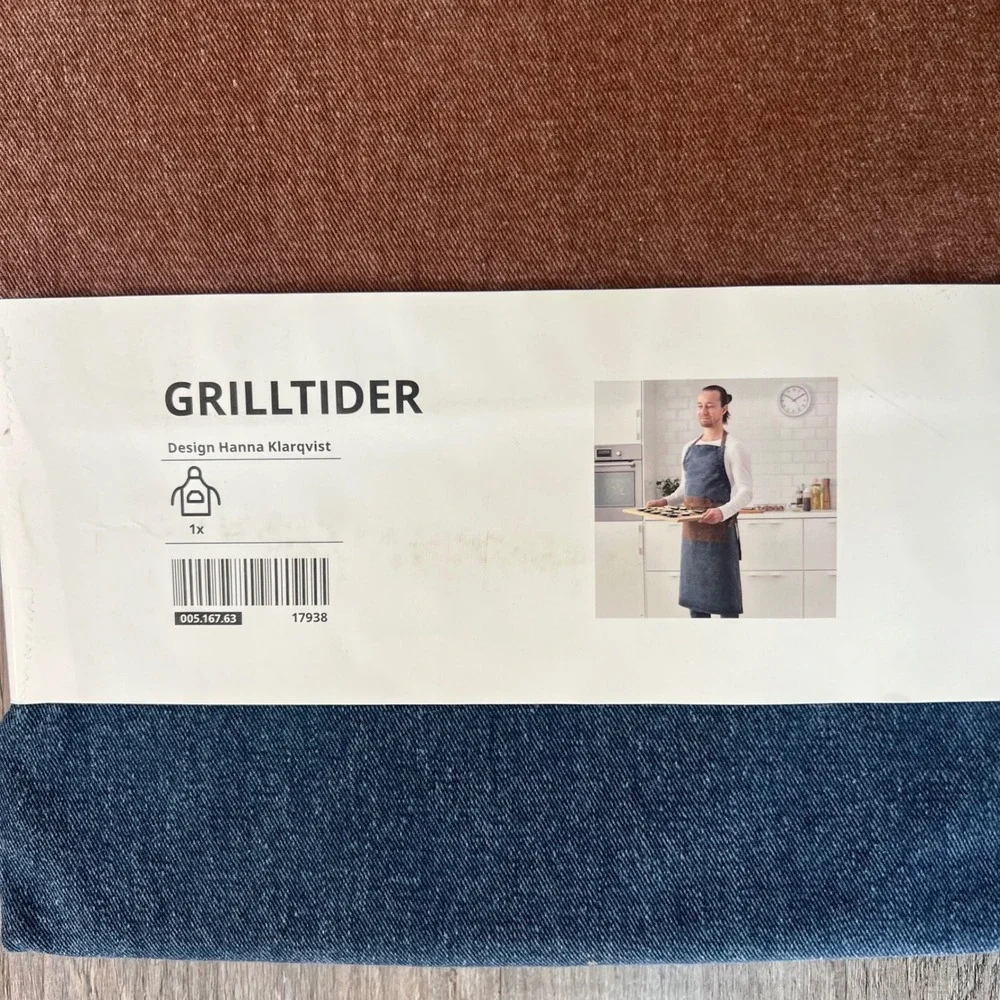 IKEA GRILLTIDER Denim Kitchen Apron Blue Brown Cotton 1X Chef Apron Modern